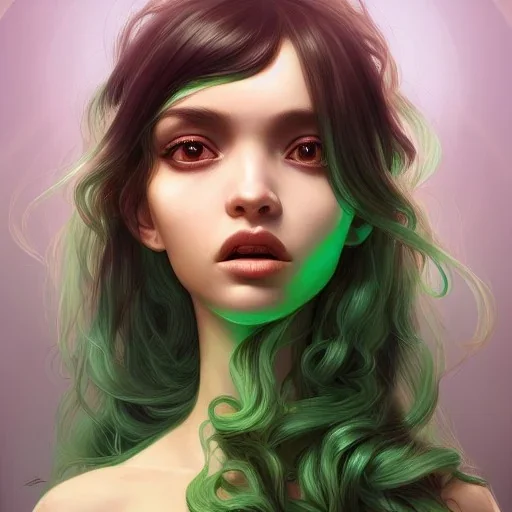 alien girl, cute, beautiful, long hair, curly hair, black hair, slim body, brown eyes, big eyes, green skin, turquoise dress, head and shoulders portrait, 8k resolution concept art portrait by Greg Rutkowski, Artgerm, WLOP, Alphonse Mucha dynamic lighting hyperdetailed intricately detailed