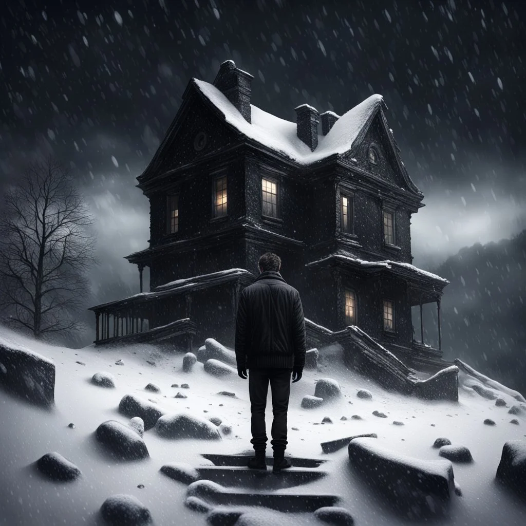 Hyper Realistic black dressed sad man on the top of a mountain & an abandoned dark haunted house at heavy snowfall night