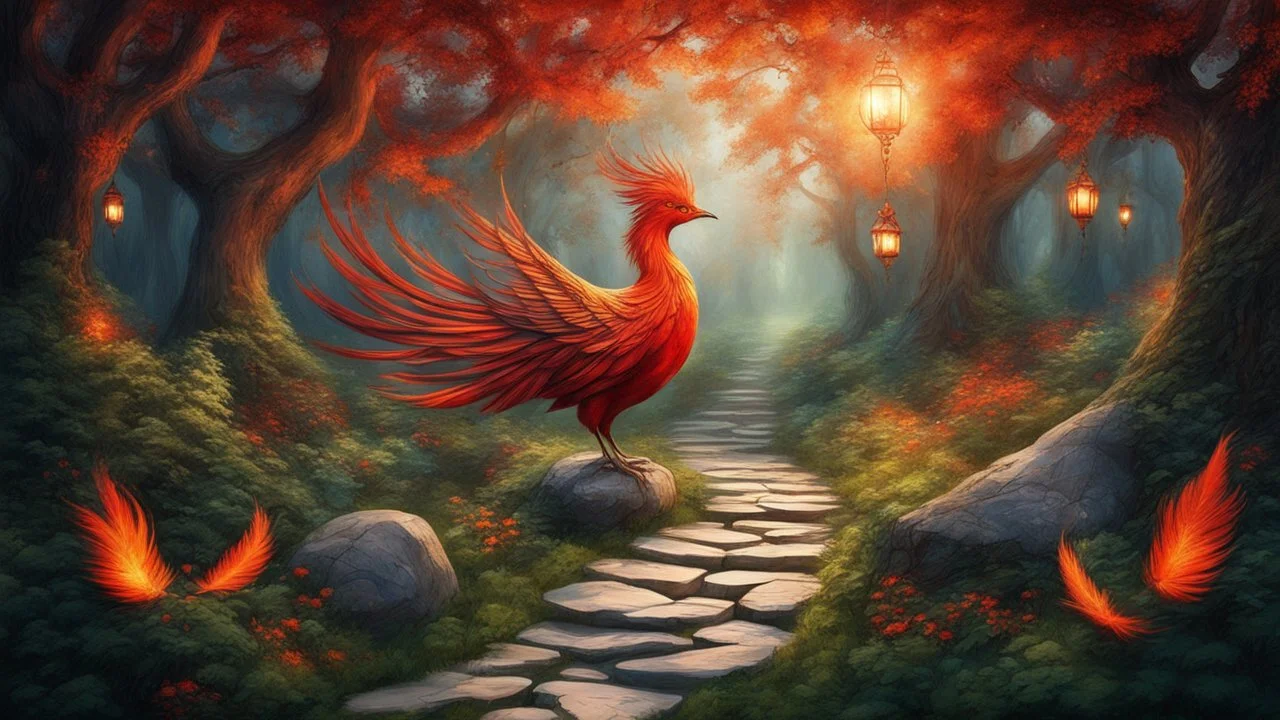 Slavic mythology enchanting garden with lush greenery and beautiful stone winding paths, with small lanterns in the trees. Depict only one creature: the Firebird. The body of the Firebird is adorned with feathers of vibrant red, orange, and gold, each one glowing with an otherworldly brilliance.