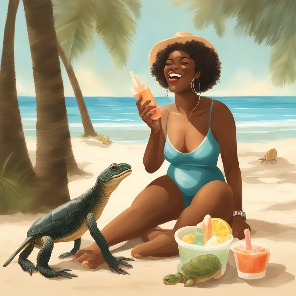 Portrait of black woman enjoying popsicle, enjoying the sun. She's at the beach with turtles and baby crab