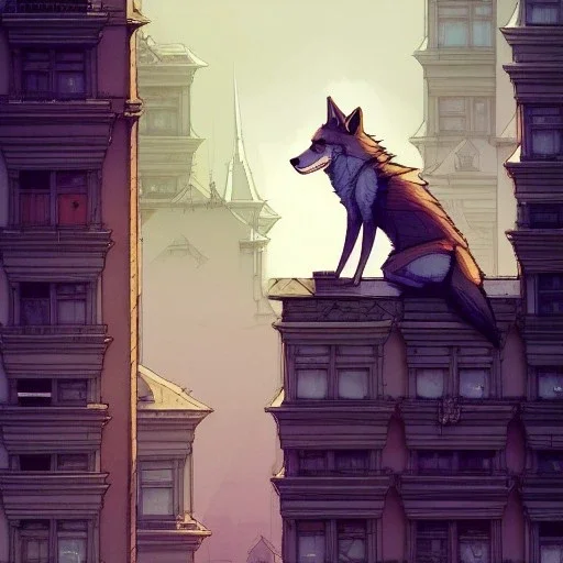 A wolf on a rooftops +Beaux Arts architecture+palladio+detailed facades biopunk+Bueno Aires+turin+trieste+ +Book illustration by Gediminas Pranckevičius, Jean Baptiste Monge, Brian Kesinger, Anton fadeev, Kilian Eng, strong lines, high contrast vibrant colors, highly detailed, 16k resolution, trending on behance