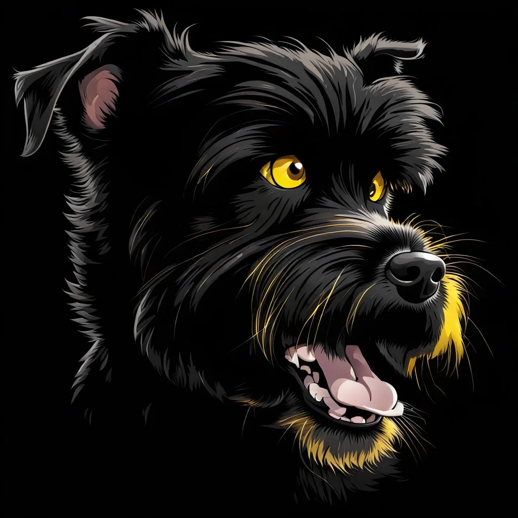 illustration of an angry scruffy black terrier on black background, yellow eyes