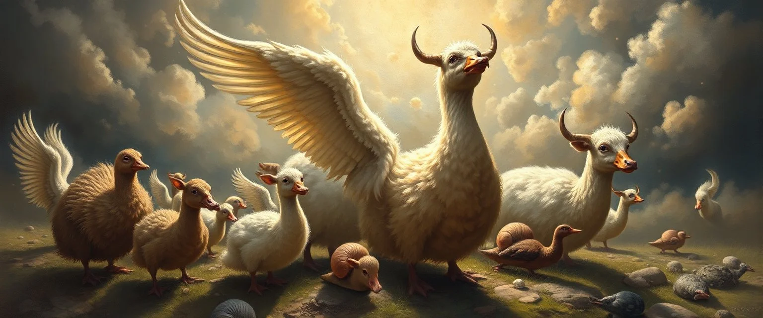 Bill Gates paints a picture of heavenly fluffy elevated messed up woodland elongated duck cow snail and ad & d monster creatures flock painted by Nerdrum and Rembrandt