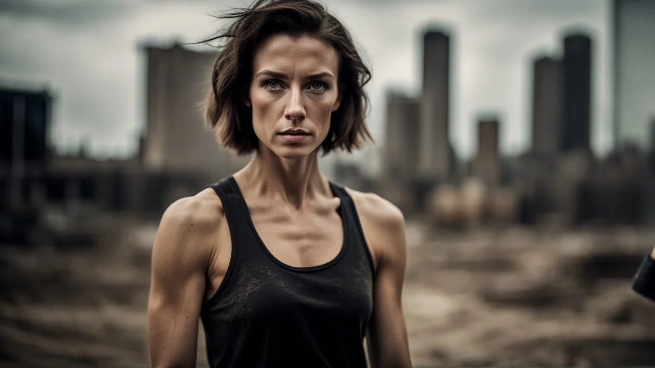 beautiful slender caucasian female technician with a knife, looking away from camera, black tank top, well toned muscles, weathered face, scratched sand camo metal details, short brunette wavy bob haircut, dystopian brutalist city scene