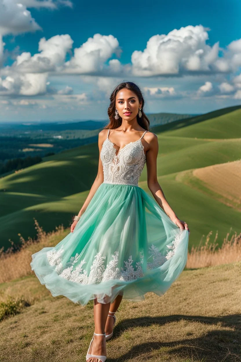 full-body closeup shot of a young, beautiful girl with a perfect face and makeup,wearing pretty dance dress standing in a stage in open air nice green hills , blue sky ,pretty clouds at distant