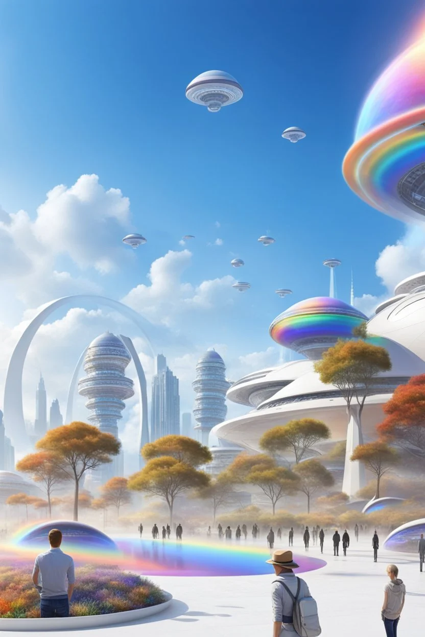 ville futuriste ultra moderne, ufos, rainbows,intergalactic city