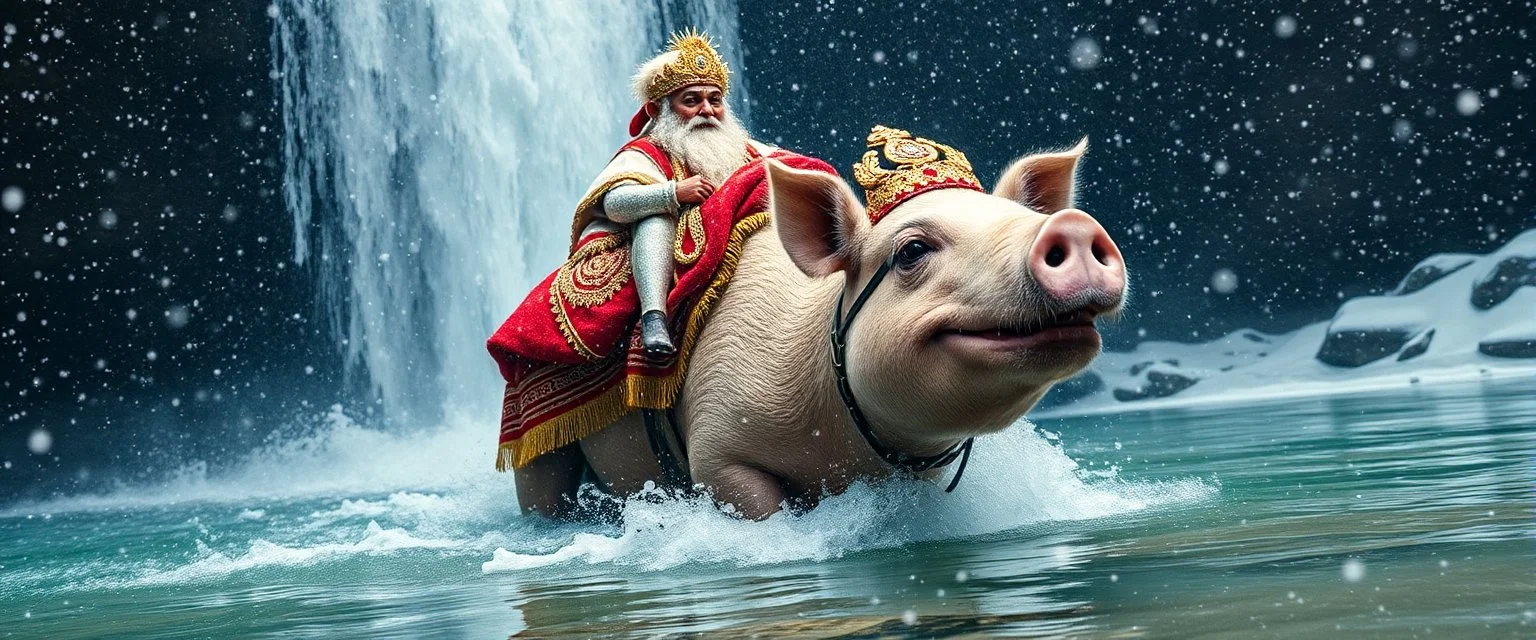 super happy guru explorer in deep trouble by the water fall, glitter disco glam luxury camel pig in snow storm