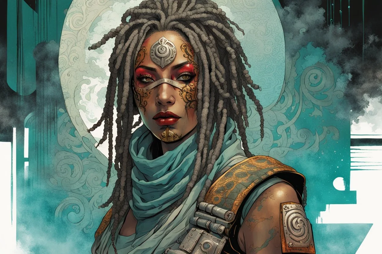 front facing full length portrait illustration of a grunge armored female , beaded dreadlock hair, cyberpunk vampire mercenary wearing an ornate oni noh mask , and shemagh, highly detailed with gritty post apocalyptic textures, caught in a cosmic maelstrom of swirling gases , finely detailed facial features and hair, in the graphic novel style of Bill Sienkiewicz, and Jean Giraud Moebius, ink wash and watercolor with realistic light and shadow