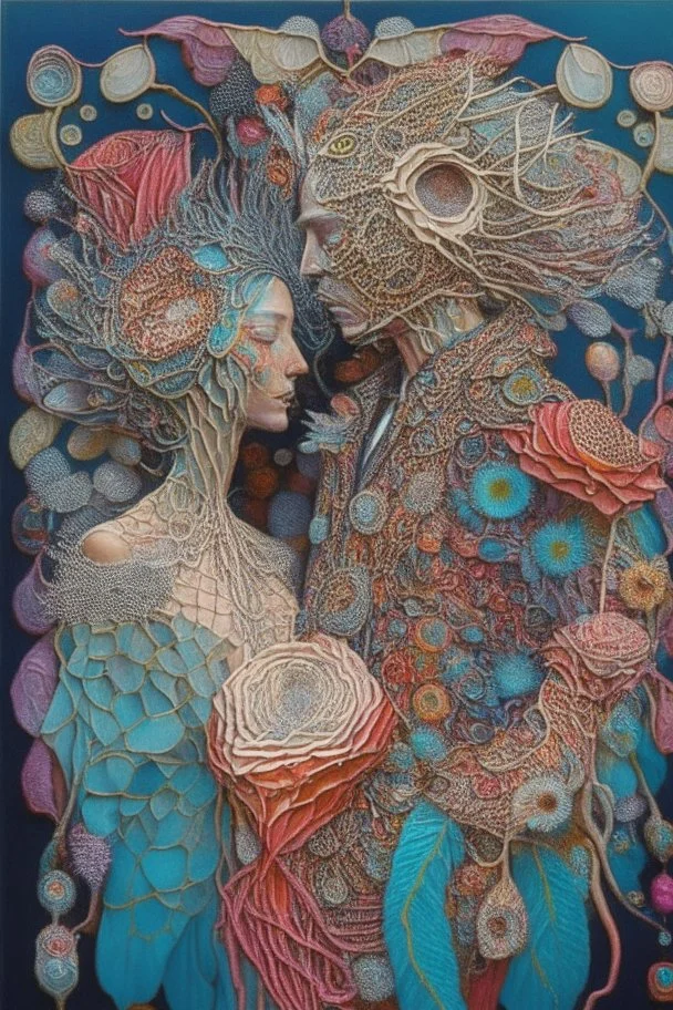 Surreal painting entitled "Indras Net" Surreal couple wearing intricately detailed quilling made from flowers, feathers, shells, gemstones, twine, pieces of colorful fabric, and leather; insanely detailed; intricate; award-winning; rose tones; beautiful; surrealism; Salvador Dali, Alex Pardee, Aaron Horkey