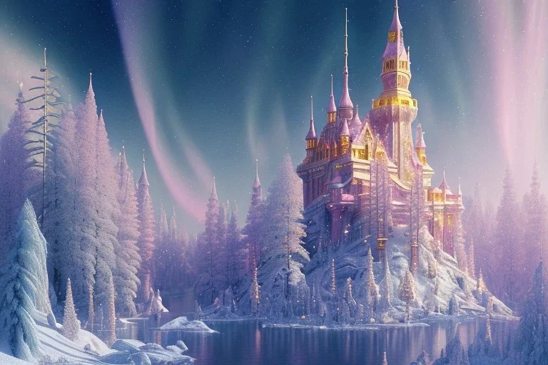  white pink and gold crystal castle，waterfall, winter snow flakessnow, northern Lights, full of details, smooth, bright sunshine，soft light pink atmosphere,pink sky, light effect，vaporwave colorful, concept art, smooth, extremely sharp detail, finely tuned detail, ultra high definition, 8 k, unreal engine 5, ultra sharp focus