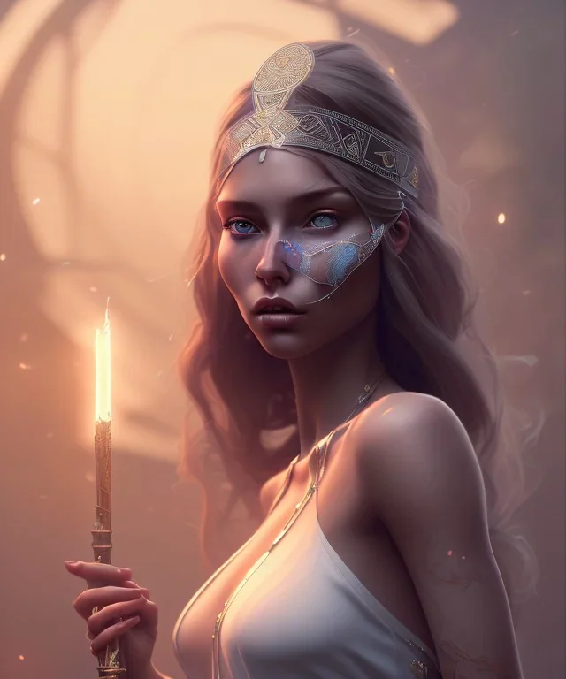 Gipsy, beautiful, curvy body, white fabric dress, beautiful long hair, bandana, head and shoulders portrait, holding tarot card, 8k resolution concept art portrait by Greg Rutkowski, Unreal Engine 5 volumetric lighting