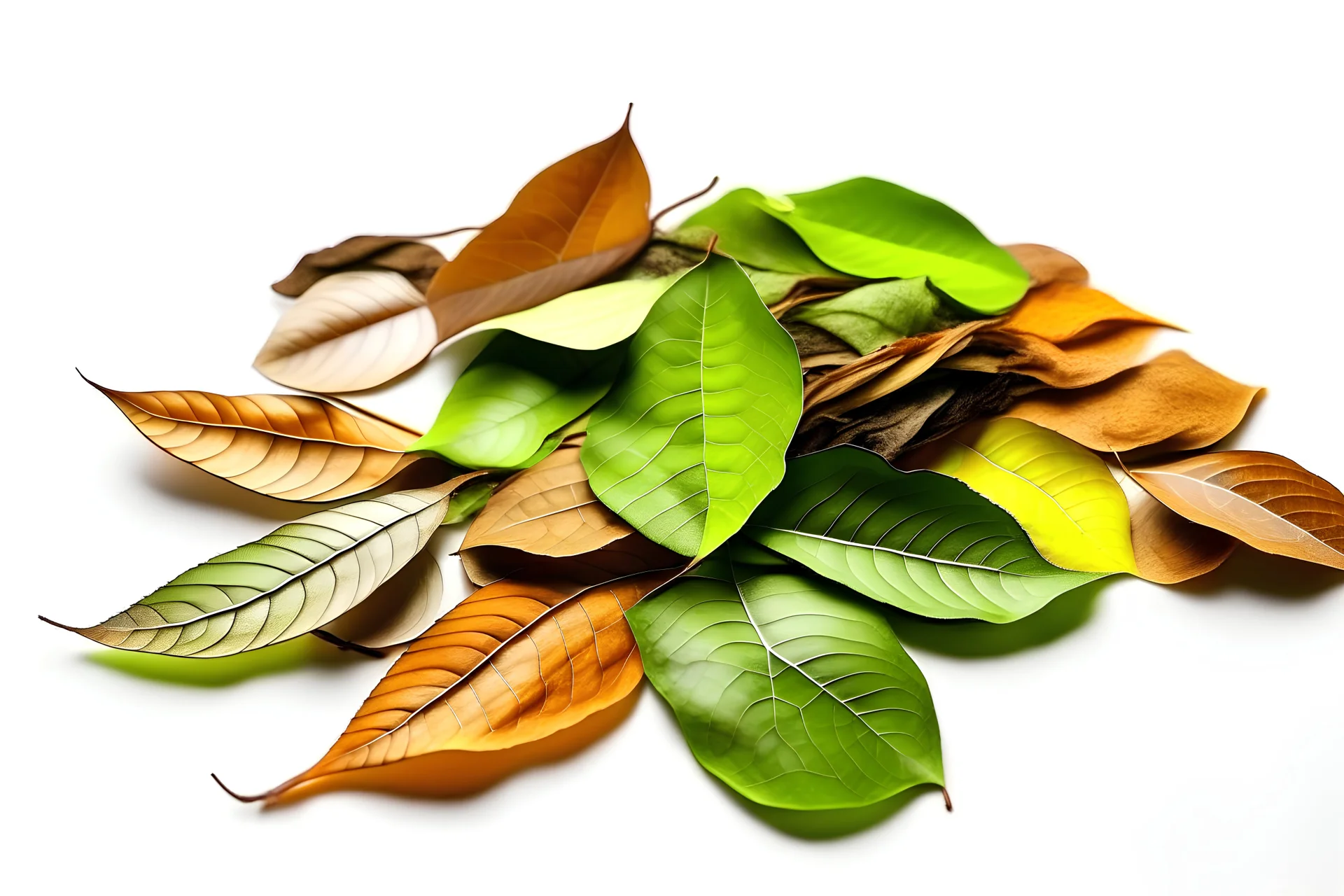 Leaves stacked on top of each other on a white background