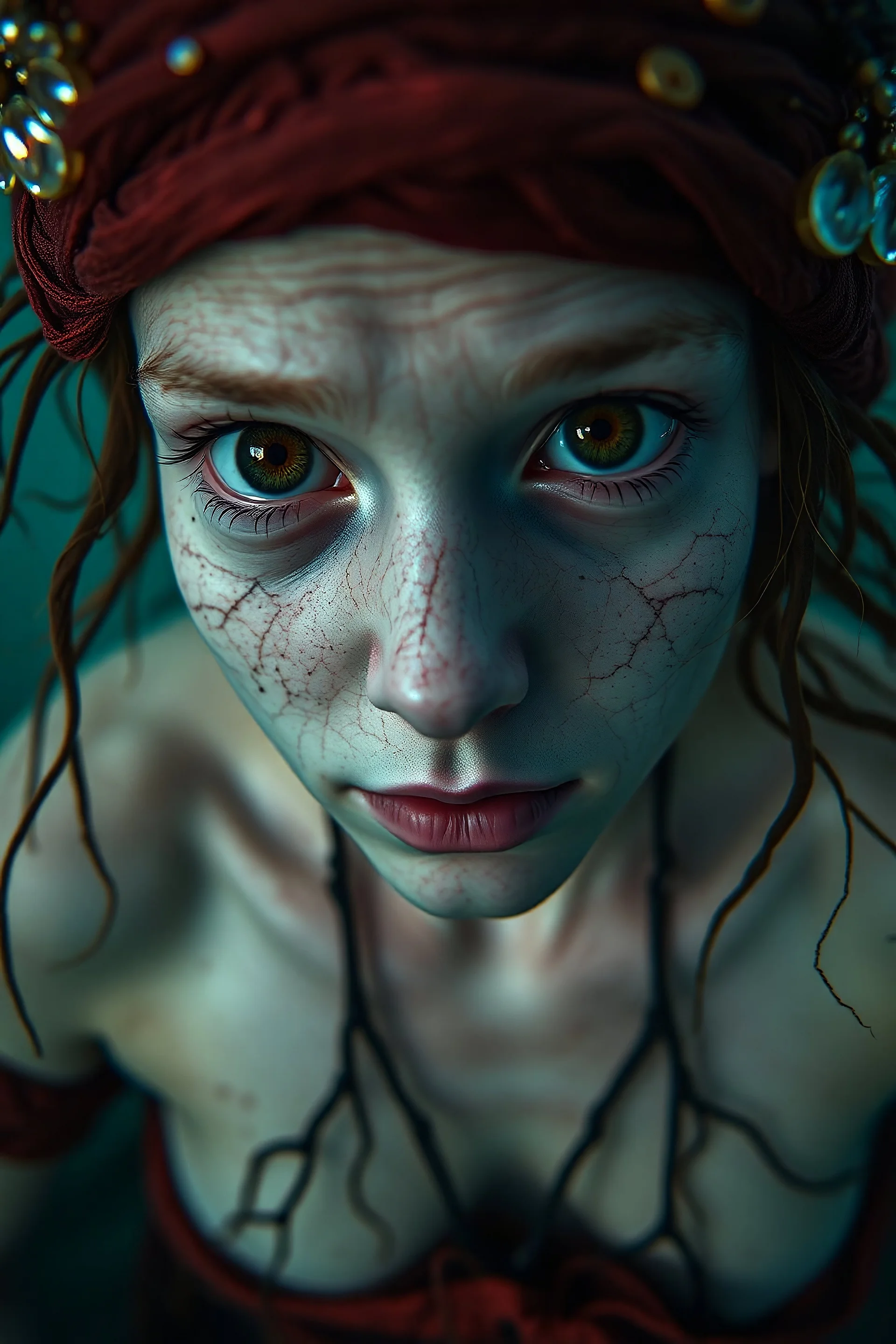 Country underwater, closeup siren with big eyes, ragged clothes, fullbody, his skin translucent, black veins that extended like roots, 8k,macro photography,