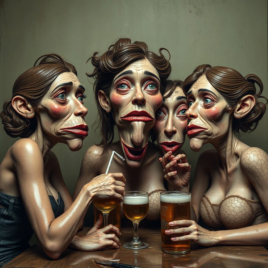 The oddest coagulation and mixture of some female beings, glossy finish, dine, details very accentuated, stunning style, oniric, Max Ernst, hyperphotography, 3d strong, blatant, gross, caricature, very funny, rusty, beer, macho