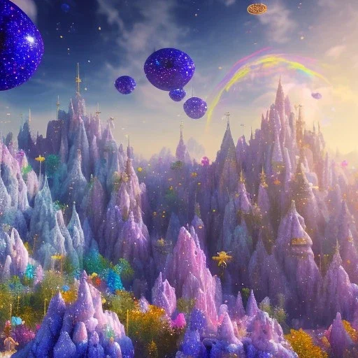 blue gold and violet landscape with multicolored crystals falling from the sky, full of details, smooth, bright sunshine，soft light atmosphere, light effect，vaporwave colorful, concept art, smooth, extremely sharp detail, finely tuned detail, ultra high definition, 8 k, unreal engine 5, ultra sharp focus