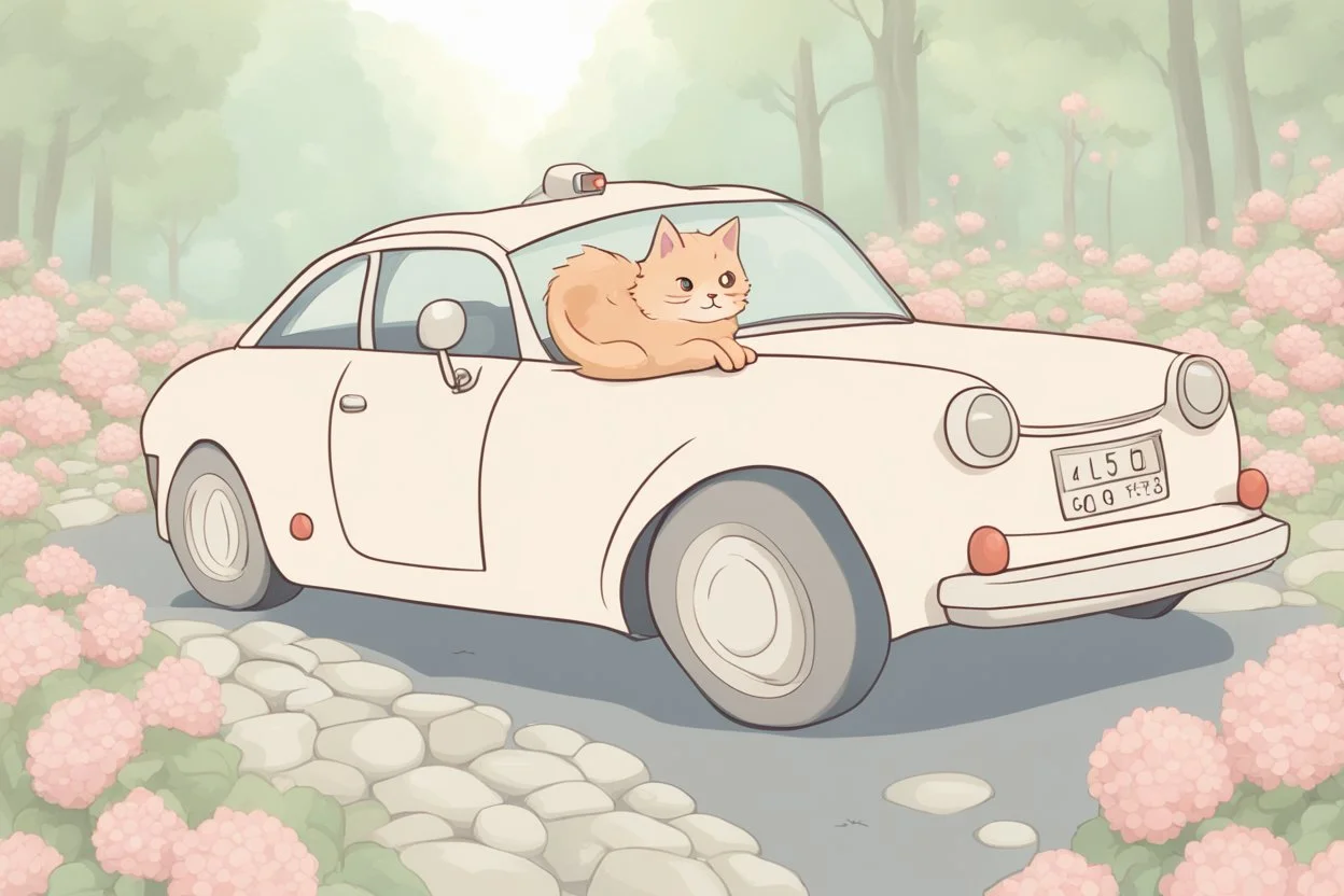 a cute proud chibi fluffy beige cat driving a car made of flower buds: roses, forget-me-nots, hydrangeaes on a cobblestone road in a forest next to a pond in sunshine