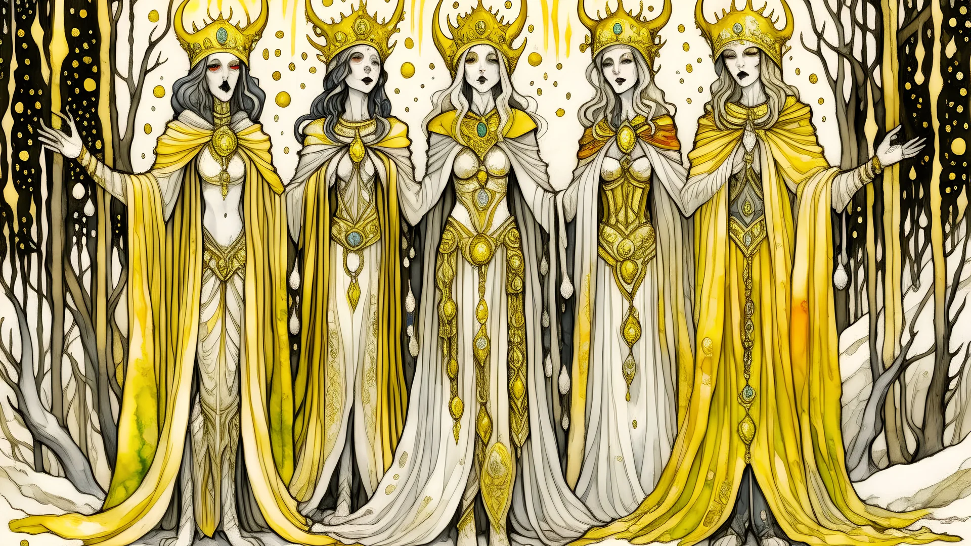 a group of three women standing next to each other, 3 figures as winter spirits, 3 winter deities, inspired by Louisa Matthíasdóttir, white and gold priestess robes, by Galen Dara, inspired by Viktor Vasnetsov, medieval high fashion, inspired by Júlíana Sveinsdóttir