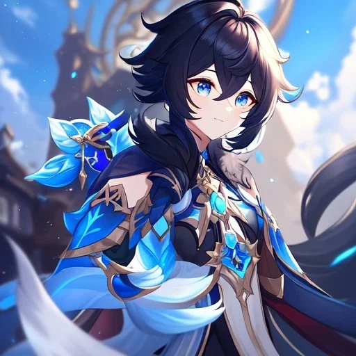 Clear focus,High resolution, Black short fluffy hair, and blue eyes, wearing a Genshin Impact inspired outfit, detailed clothes,must be wearing a short skirt