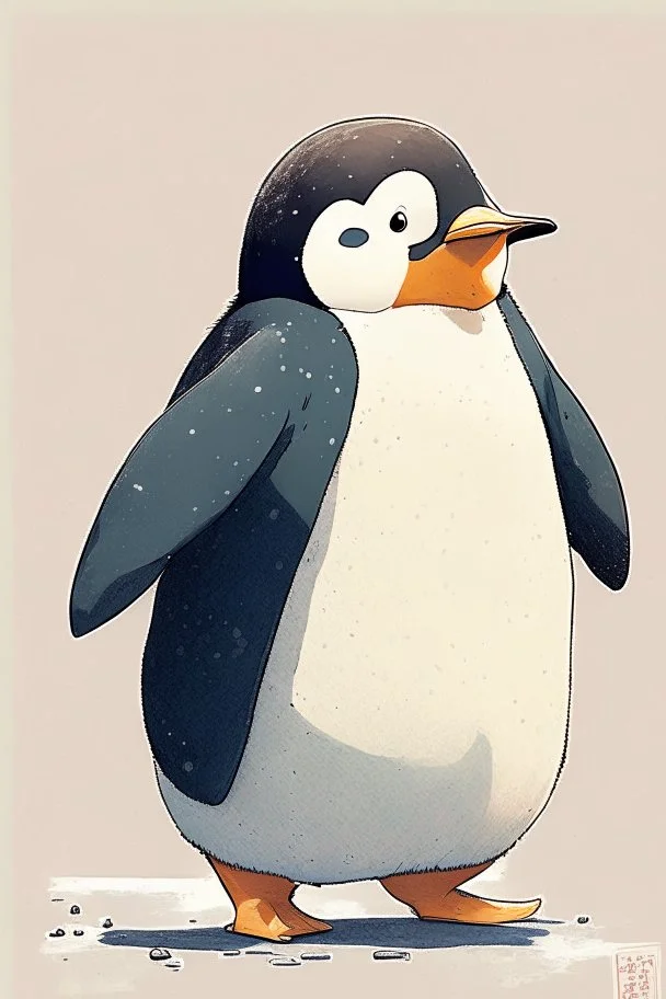 cheery penguin avatar full body in Hayao Miyazaki illustration