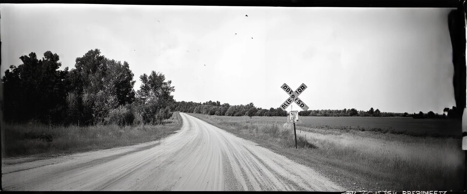 old wester railroad crossing a dirt road , grayscale, antique photo