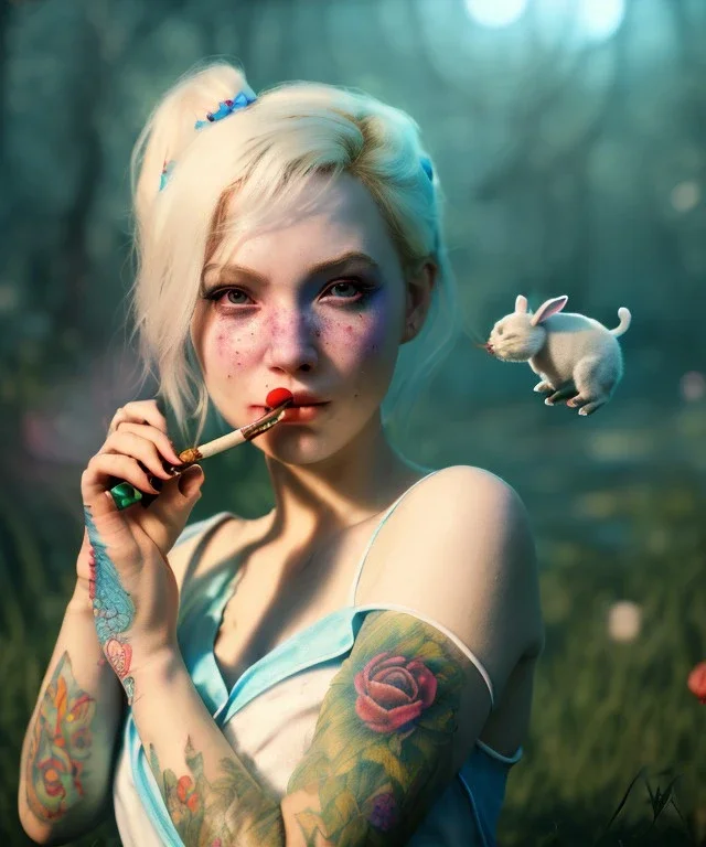 Ultra realistic wonderland photo, happy blonde woman smoking a pipe, blue dress, white rabbit pet, circus dress style, old school tattoo, smoke, marijuana garden, glow eyes, perfect iris, soft color, highly detailed, unreal engine 5, ray tracing, RTX, lumen lighting, ultra detail, volumetric lighting, high definition.