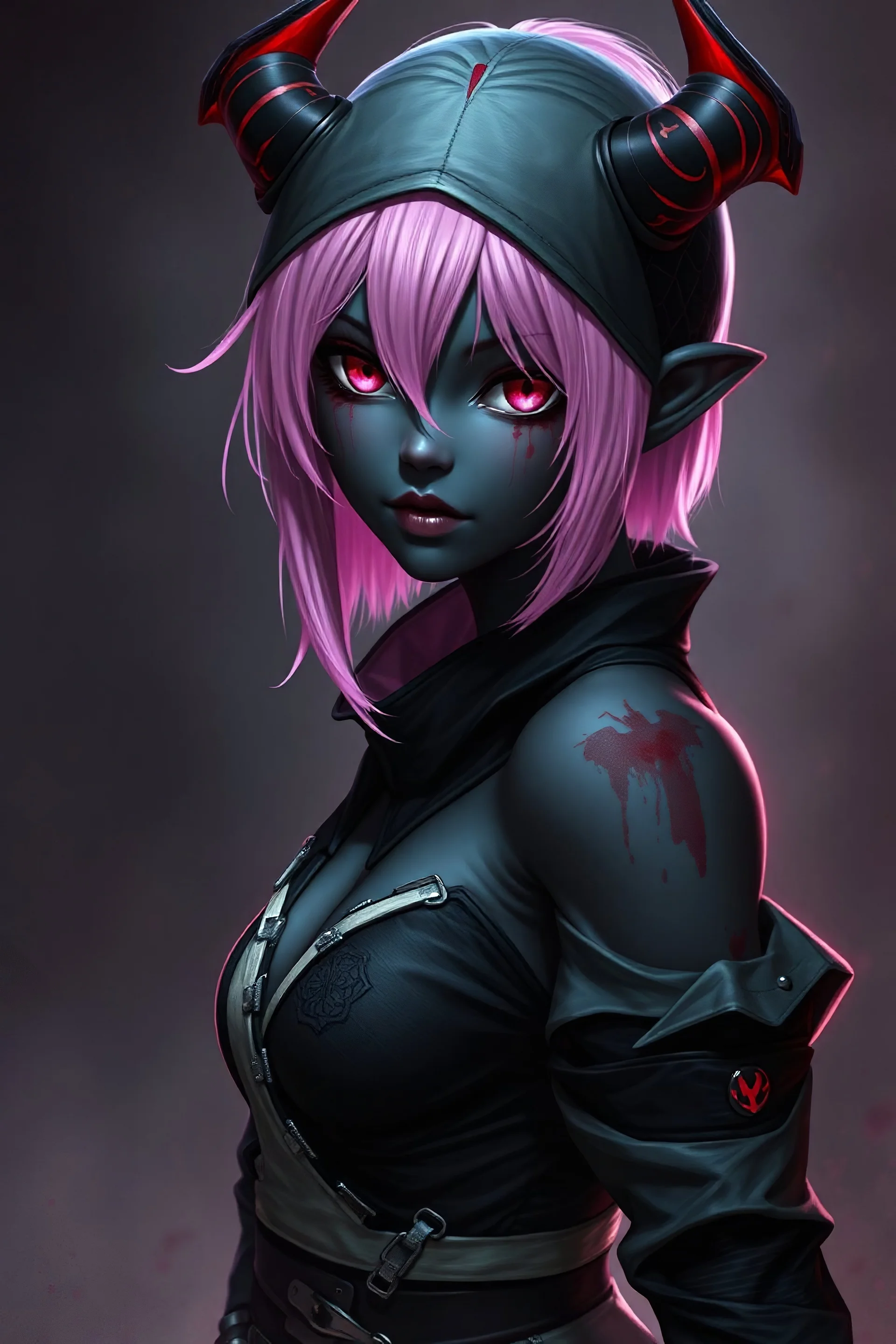 Female drow dark skin super cute young pink hair flesh for clothing tattered bloody sadistic short hair demon summoner kentaro miura berserk highly detailed shin megami tensei persona 5 in the style of Tan Zhi Hui megami tensei super sexy Devil May Cry