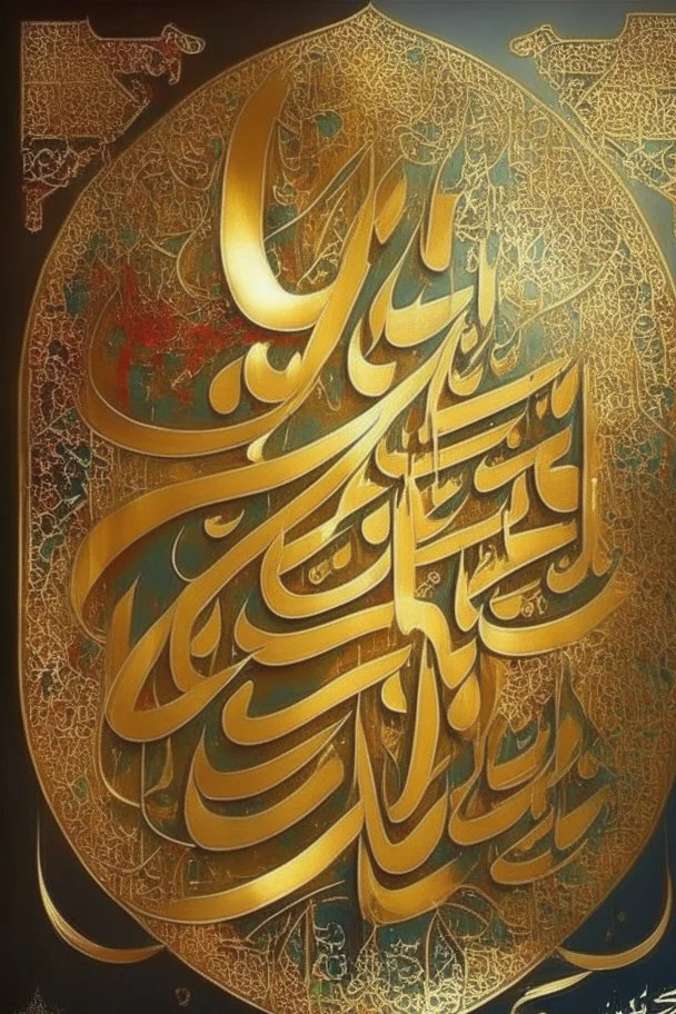 Painting, Arabic, Islamic, calligraphy, gold, inscriptions, decorations, peace be upon you