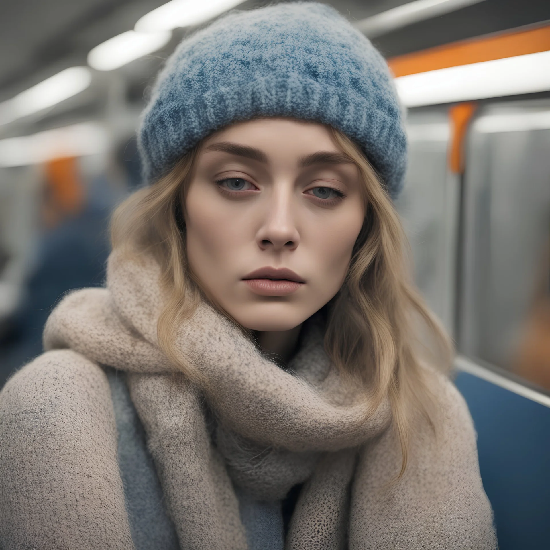 A woman , sad,in the metro in the style of lily-roseDepp, blue, Grey, beige,orange, with a knitted hat, eyes closed