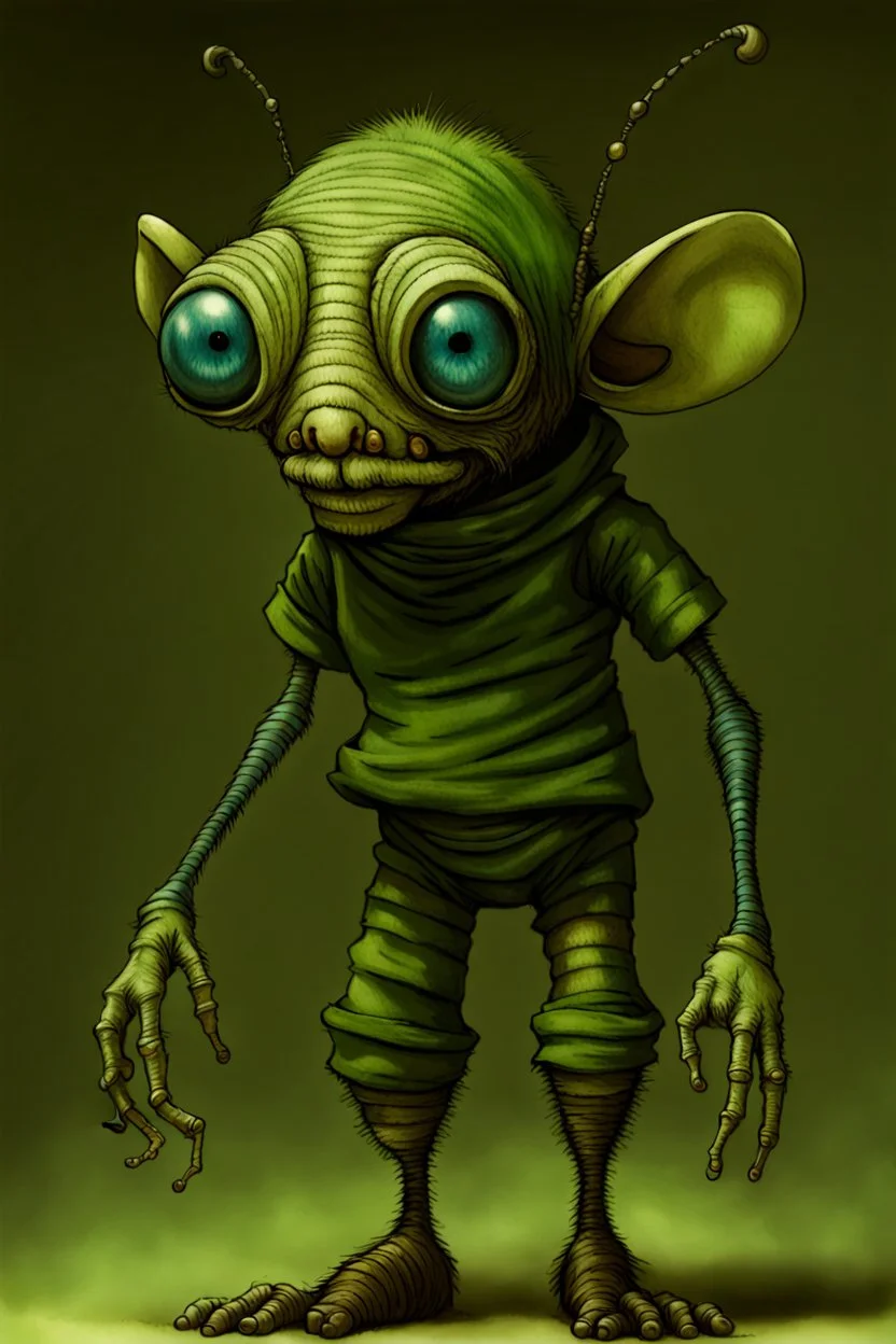 Artist Jean-Baptiste Monge style. A old biomorph male humanoid with Ant face. Bright eyes. A green and blue striped outfit. Modifiers: Tim Burton Craig Rutkowski