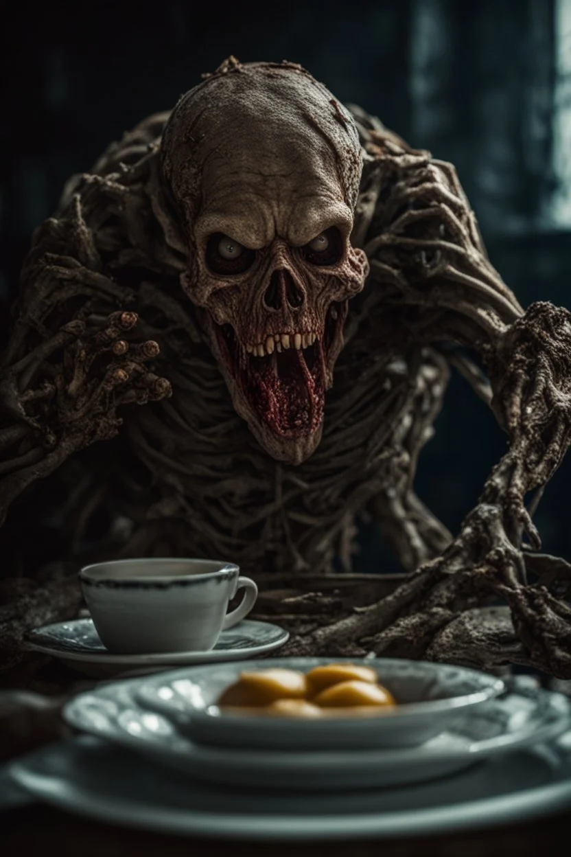 Desayuno con cara asustada atrapado en una jaula, creepy, horrifying, sinister, high lighting, intricate, 8k, macro photography,