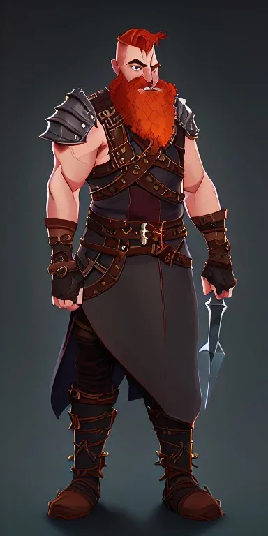 Dungeons and dragons character, warrior dwarf male, friendly face, high detail, High definition, ginger braided beard, ginger long hair in a bun, metal plate armor, short height, black backdrop, mustache, battle ax, cloak, strong body