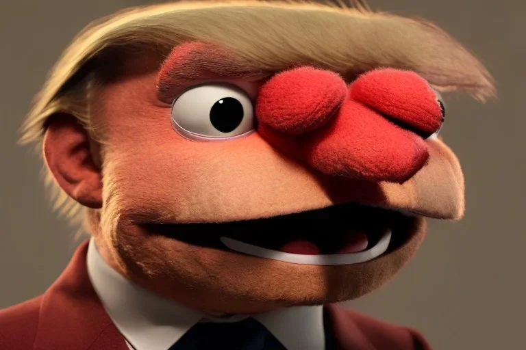 Angry muppet trump with small nose in suit, no tongue, looking forward, face, smaller, round puffball nose, eyebrows