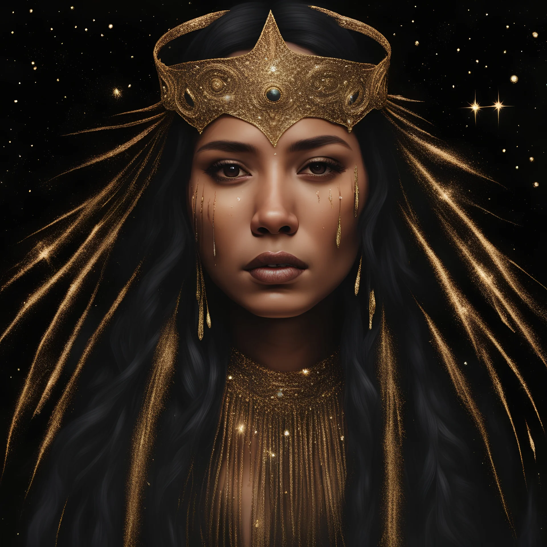 a portrait of a native american woman wearing a glittery, golden halo headpiece crown, and a black and gold, flowy, long-sleeved dress. She is crying golden, glittery tears, background is in outer space, filled with stars, forward facing, close shot, photorealistic art