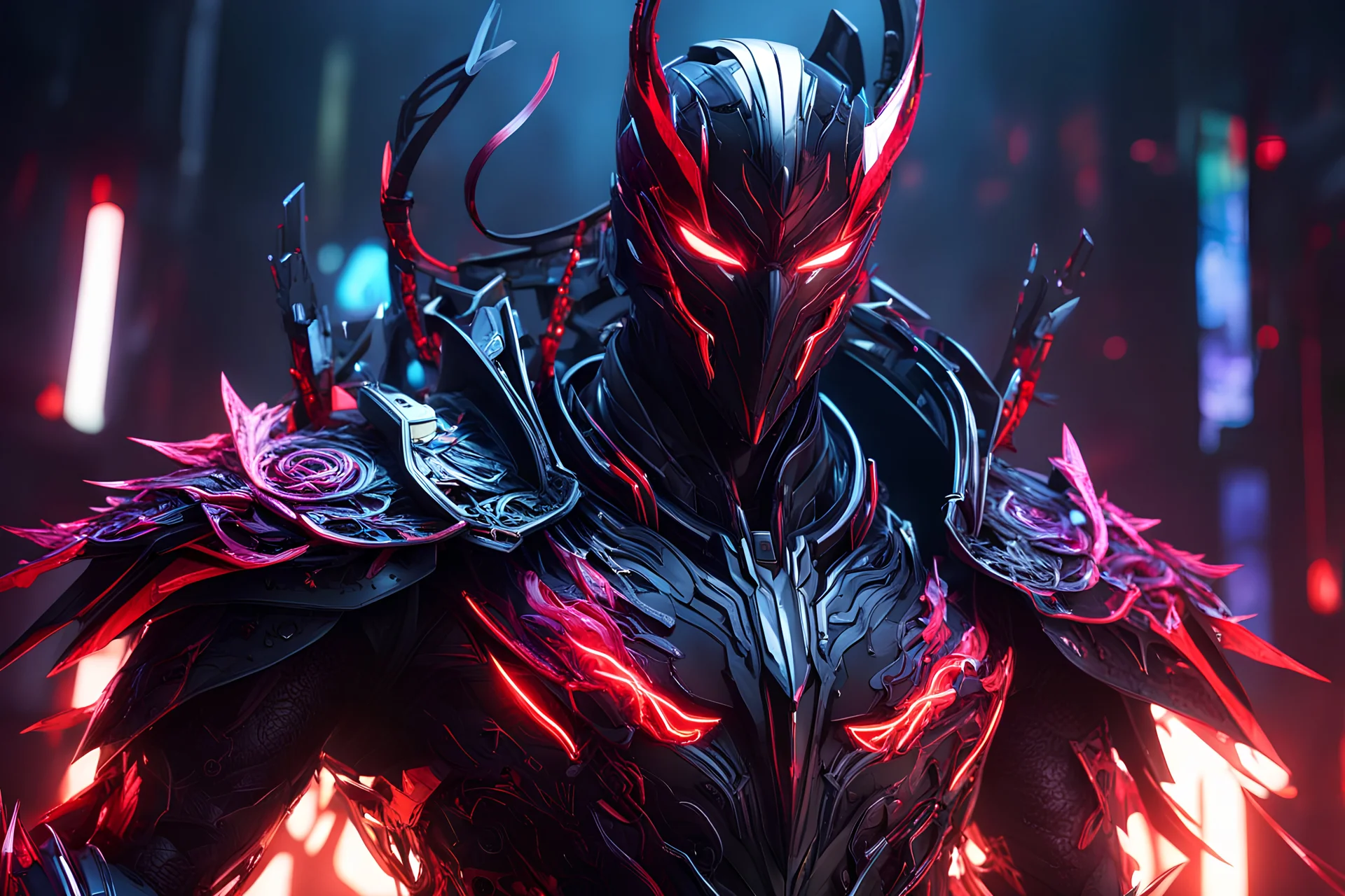 carnage machine in 8k solo leveling shadow artstyle, ronin costum, cozmic mask, dynamic pose, oshare kei, hurufiyya, rtx , neon lights, intricate details, highly detailed, high details, detailed portrait, masterpiece,ultra detailed, ultra quality