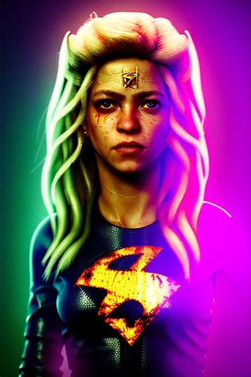 portrait, Shakira, blonde, angry, Realistic image, superhero, retro watchmen style, gold make-up, blood, sweat, fog, goddess style, Neon colors, leds. Black background, photo studio, concept art, smooth, unreal engine 5, god lights, ray tracing, RTX, lumen lighting, ultra detail, volumetric lighting, 3d, finely drawn, high definition, 4k.