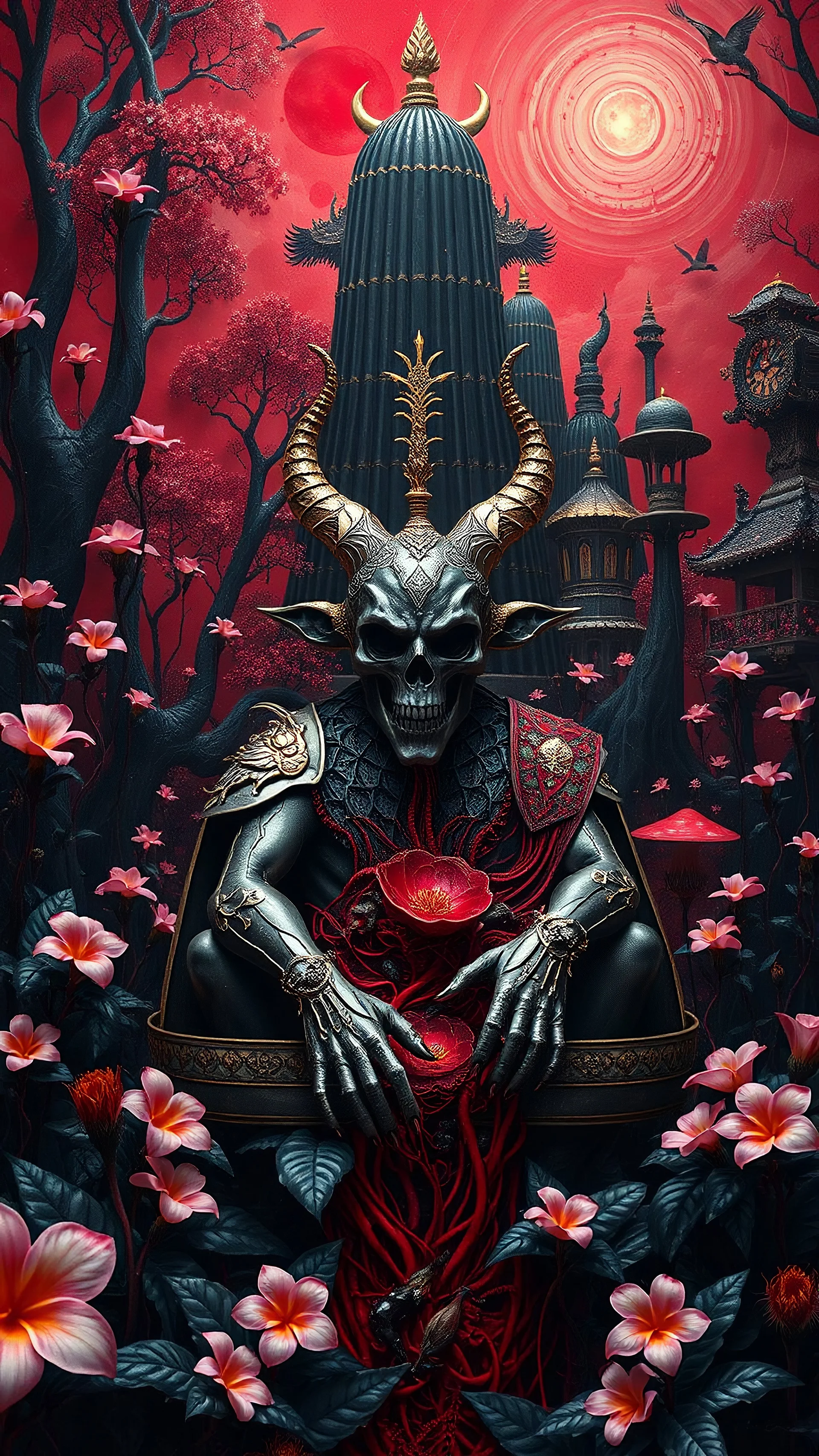 Lukisan abstrak farkatal keramik timbul keluar metalik raja iblis duduk raksasa besar merah berdarah asa bunga cempaka merah muda hitam metalik hutan seram gelap pohon besar rumah kasti bunga pohon karnivora kantong karnovoran.Nepenthes holdenii Christopher fraktal segi empat kepala iblis merah akar tengkorak emas menonjol timbul kaca patri dinding terlihat luar biyasa ada jamur dan mata raksasa indah besar di atas metric spiral fraktal quadrangle langit dan ada burung indah candi