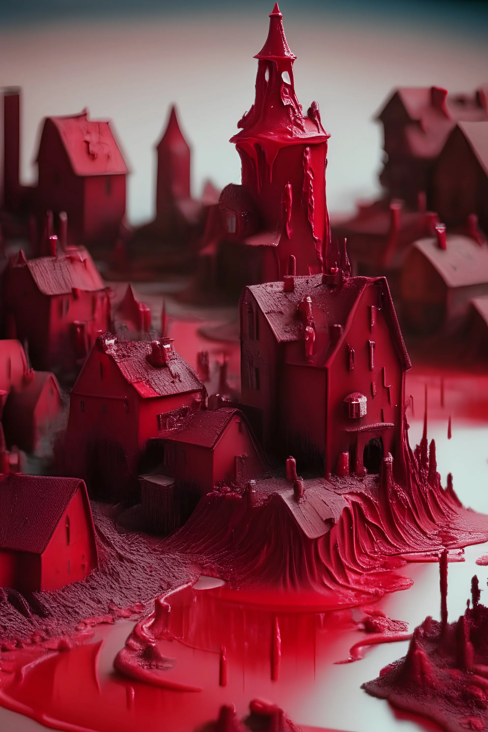 miniature towns built into darkred slime