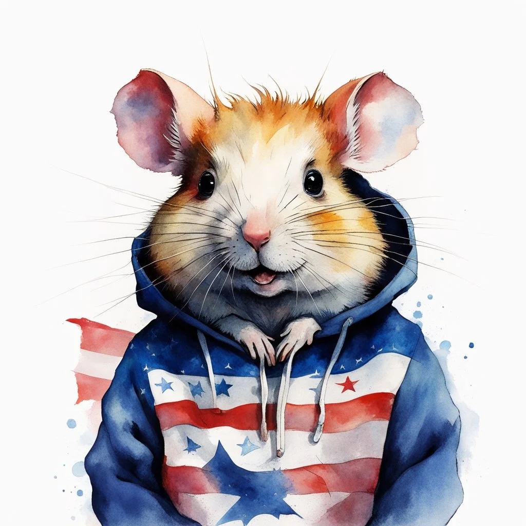 modern composition, adorable hip hamster in a American flag hoodie looking confused, by Alex Maleev and Gerald Scarfe and Zdzislaw Beksinski, watercolour style, negative space, loose brush strokes