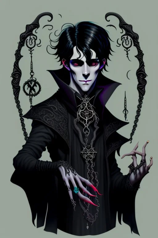 black haired young man necromancer wizard with gothic jewelry and tentacle fingers in the style of H. R. Geiger