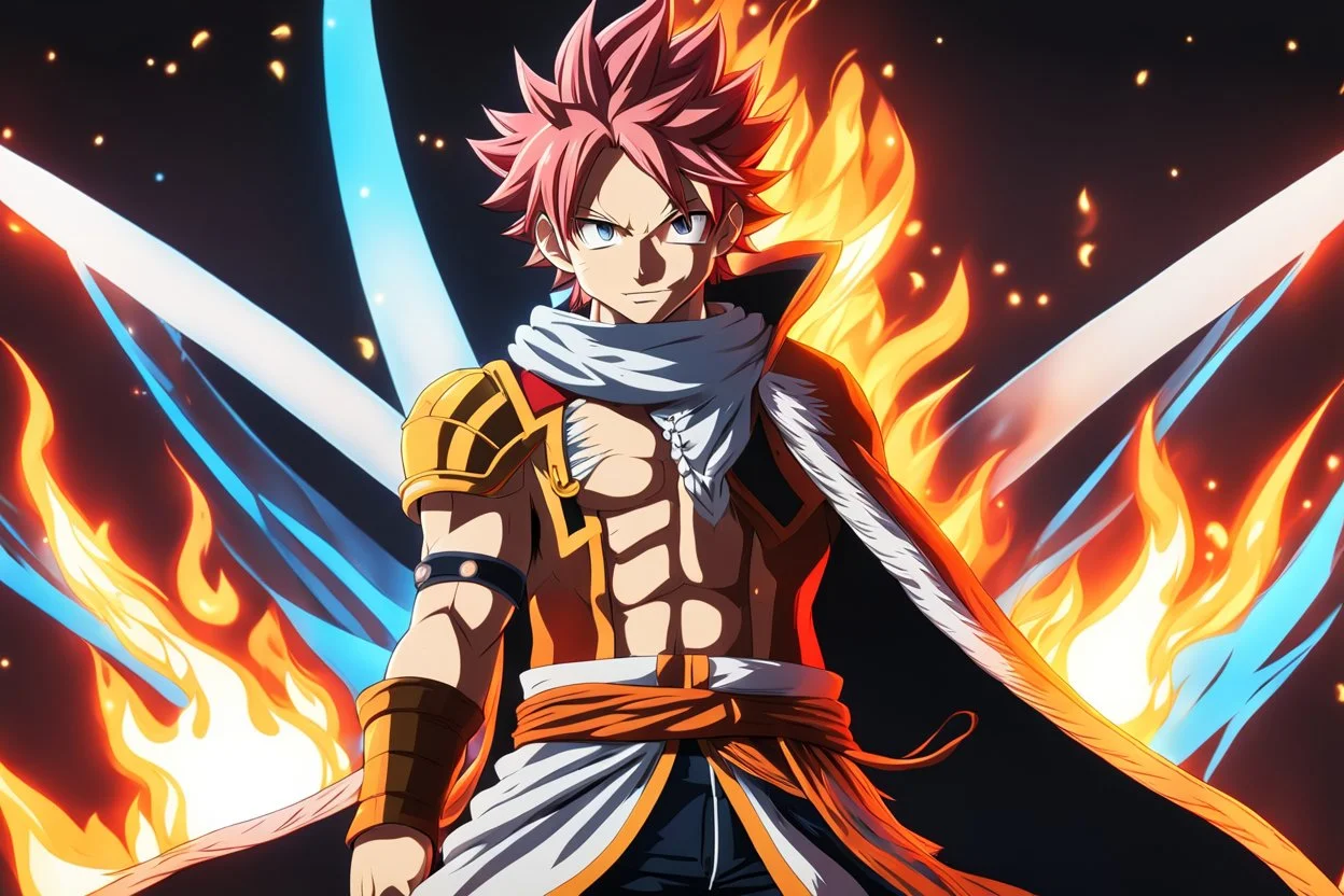 Natsu in 8k 2D anime fairy tail drawing style, fairy tail costum, close picture, fire, fantasy, neon, highly detailed, high details, detailed portrait, masterpiece,ultra detailed, ultra quality