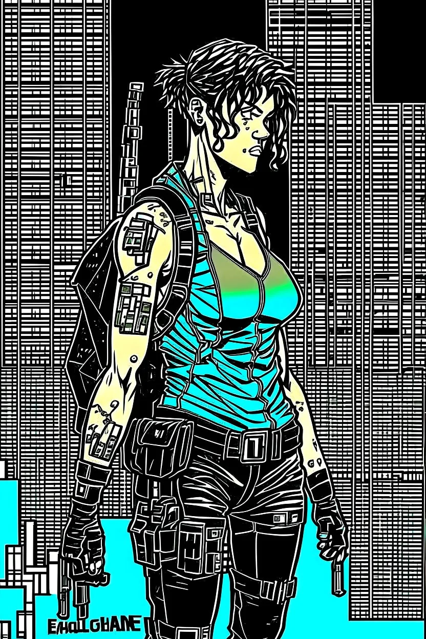 create a film noir full body portrait illustration of an athletic cyberpunk female private detective with prosthetic arm in flak vest, with highly detailed , sharply defined feminine facial features, in a chaotic, turbulent, otherworldly Tokyo in the comic art style of FRANK MILLER, ALBERTO BRECCIA, BILL SIENKIEWICZ and JEAN GIRAUD MOEBIUS, , precisely drawn, inked, with dramatic edges, chiaroscuro in stark black and white