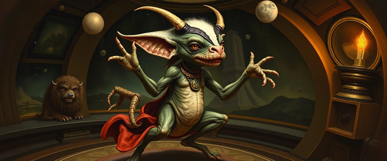 alien gremlin dog bison badger star ship bridge captain dancing in the style of Rembrandt and Escher and Dali