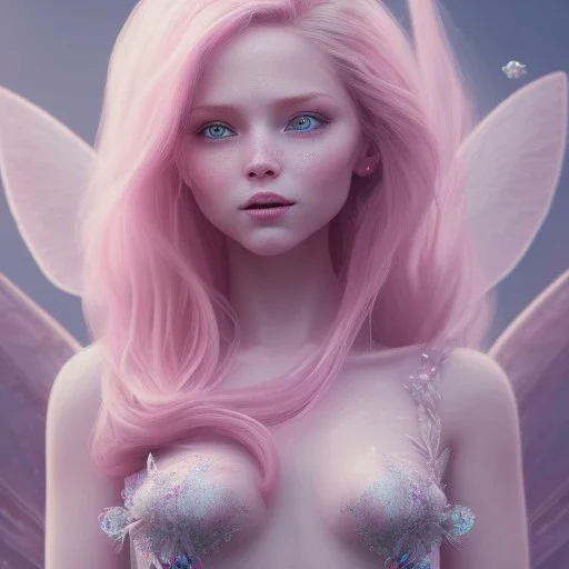 cheerful fairy, big smile, pink, blonde hair, beautiful, whole face, whole top hair head, wide open blue eyes, transparent wings onn the back, hyperrealism, masterpiece, expert, cinematic lighting, sharp focus, 8K, pastel, macro lens, woman, detailed, flower