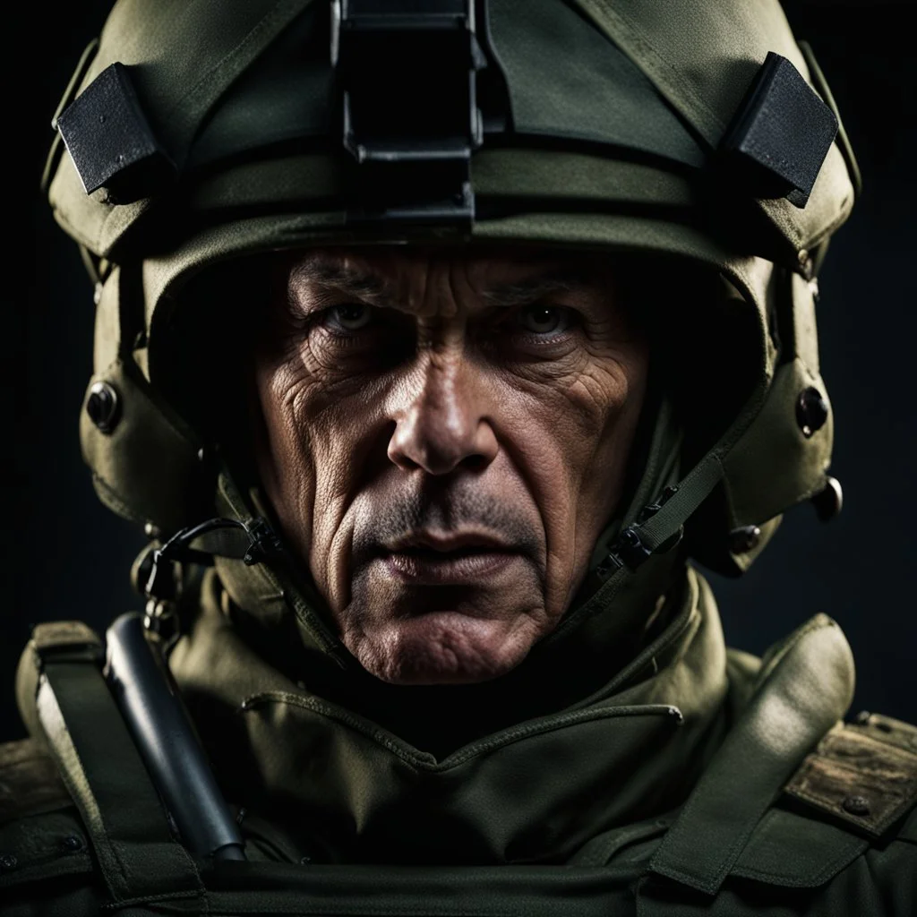 portrait of a 50 year old evil soldier. sneering expression, dark short hair,