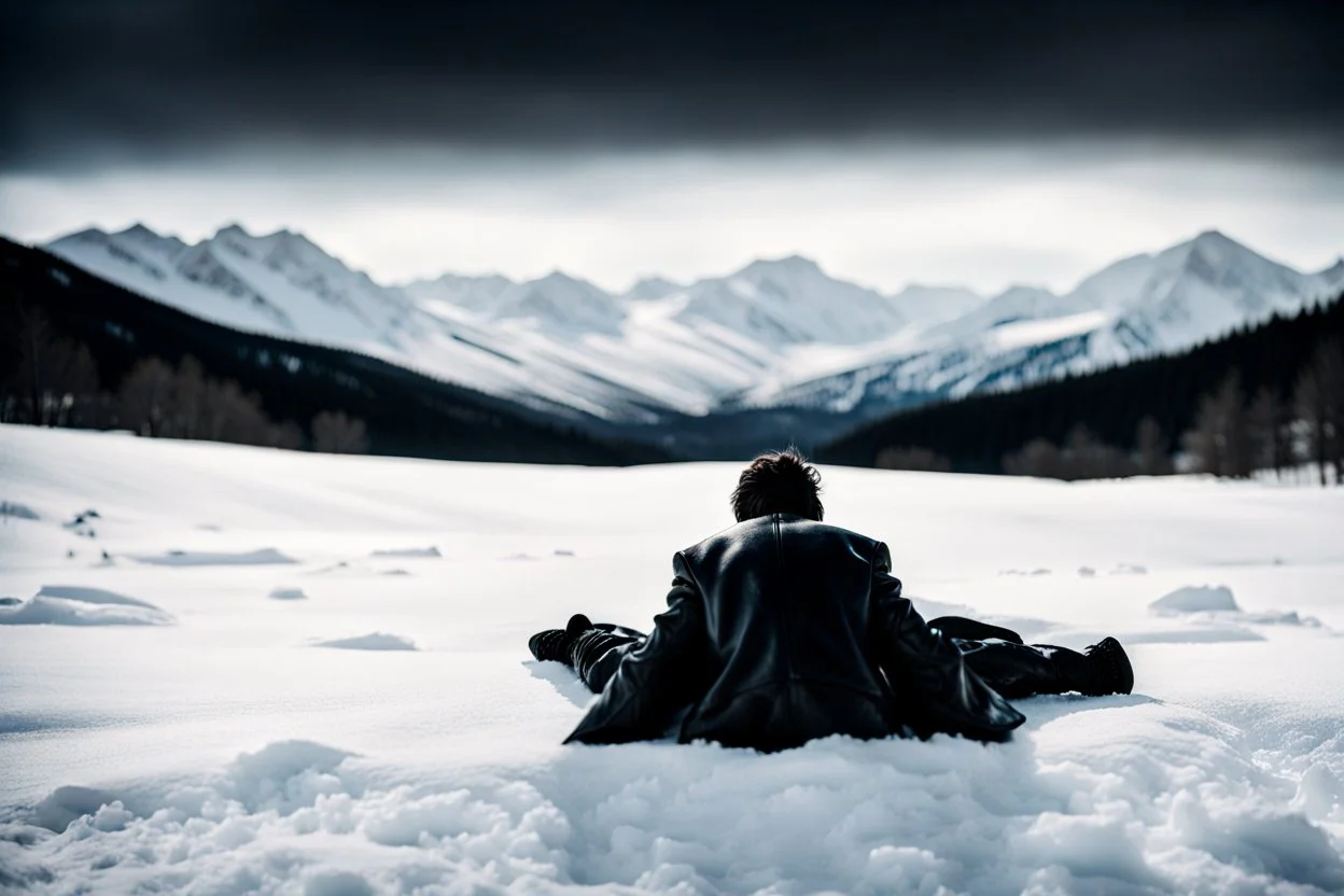 in the distance side a wiev a figure in dark clothes and long black leather coat lies on his back in the snow and looks the sky in a winter landscape, alone, white snow, high contrast, cold, winter, mountains, white, blue, gray and black colors, cinematic, atmospheric, dark, gloomy, thriller vibe, crepy stunning