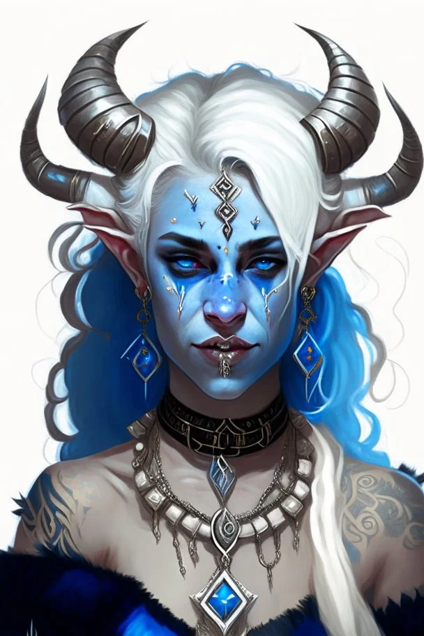 A young tiefling woman with a set of ram horns on her head encrusted with jewels, White-Blonde, medium length hair, black eyes, dressed in white and blue with lots of jewelry, beautiful, satanic tattoos on her neck, she is happy