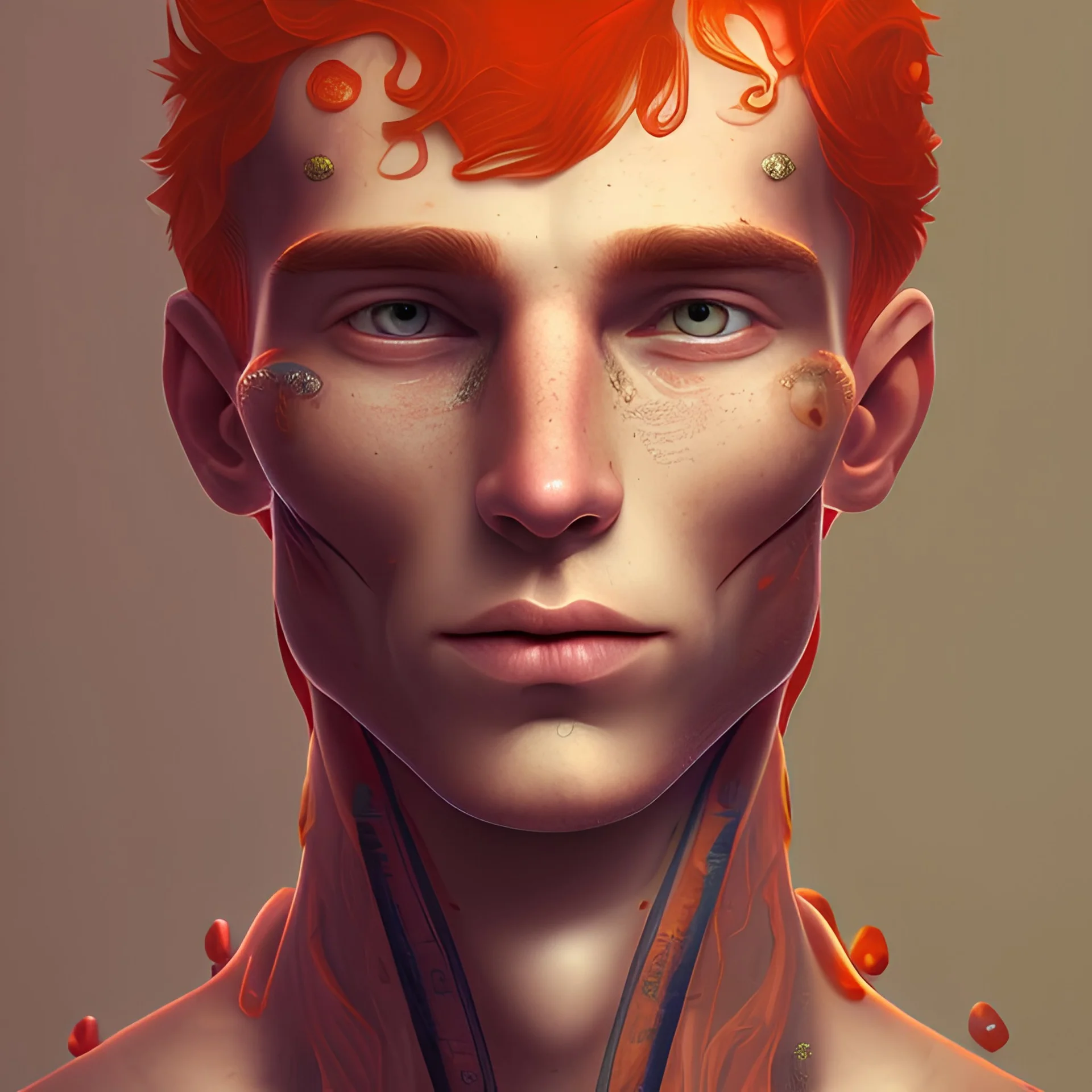 Italic style,boy,fair skin, reptilian eyes, many freckles, orange hair, high quality, detailed