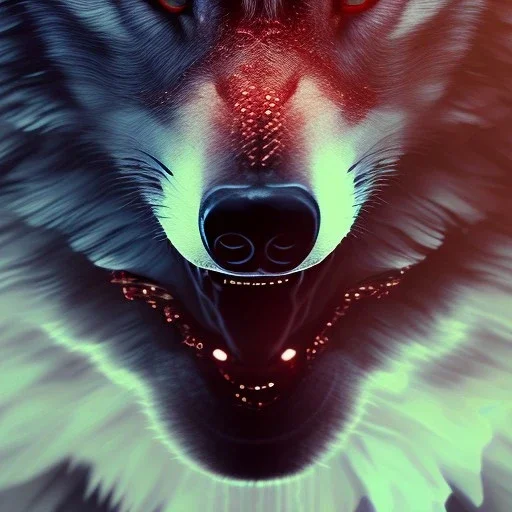 depth of field, wolf, extreme detail,ultra realistic,scary, red and blue eyes, Photorealism, macro lens 40mm,bokeh, cinema4d, 8k, unreal engine 5, redshift render, octane render