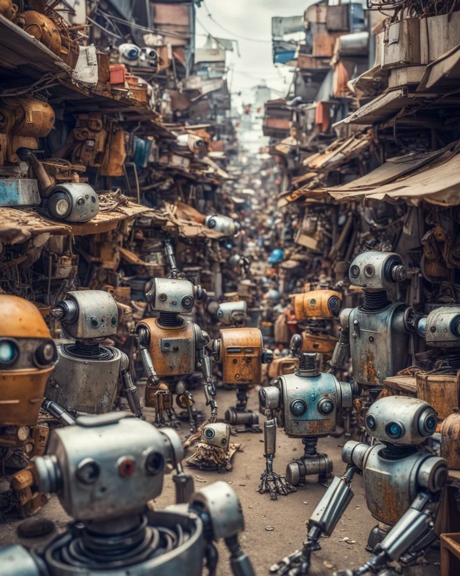 Junk city, street view, many robots in a market, macro photography,