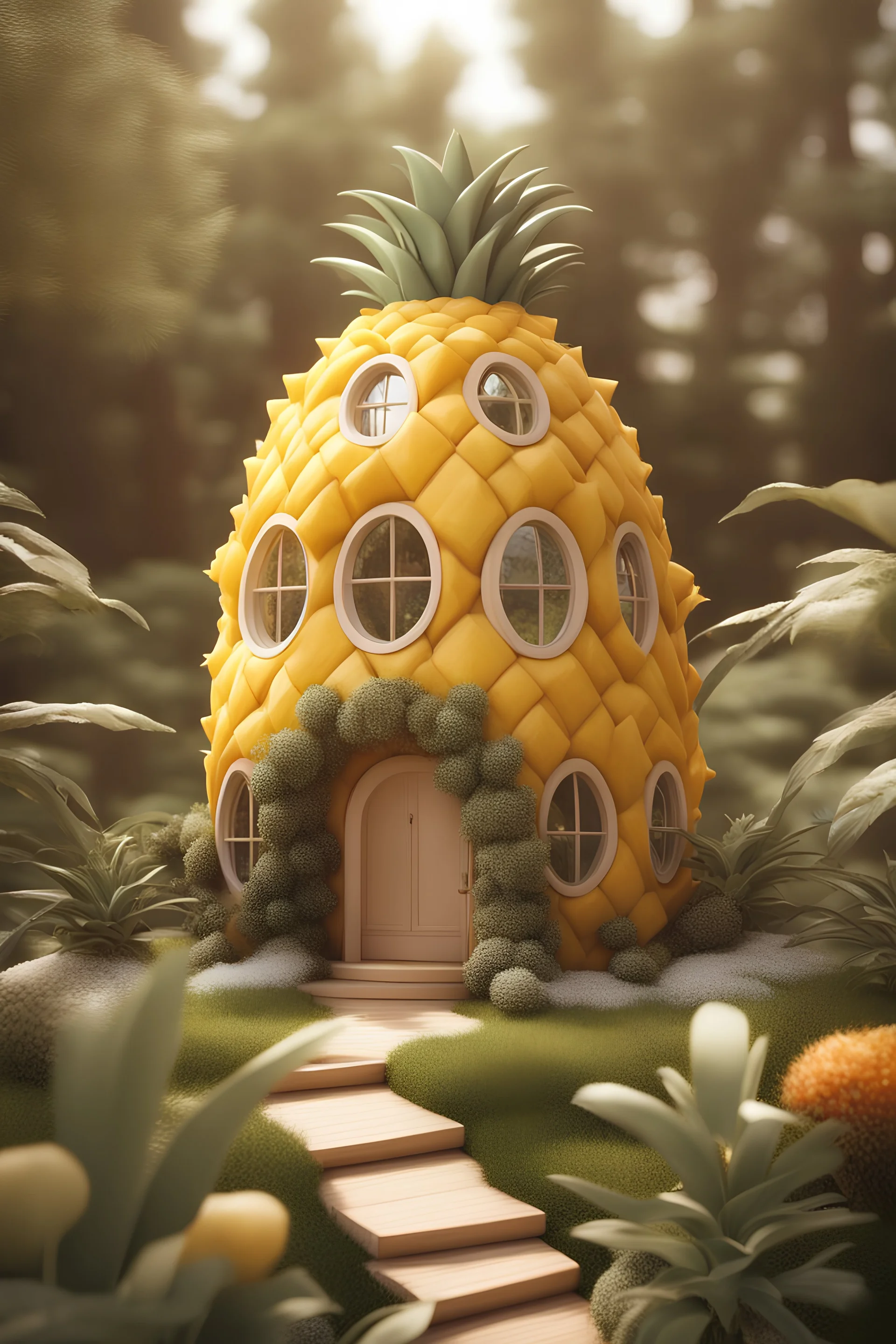 A pineapple shaped organic house design in the fairy garden, adorable, beautiful modern house design, beautiful environment flowers around the house, soft sunlight, winter season, photo real, realistic